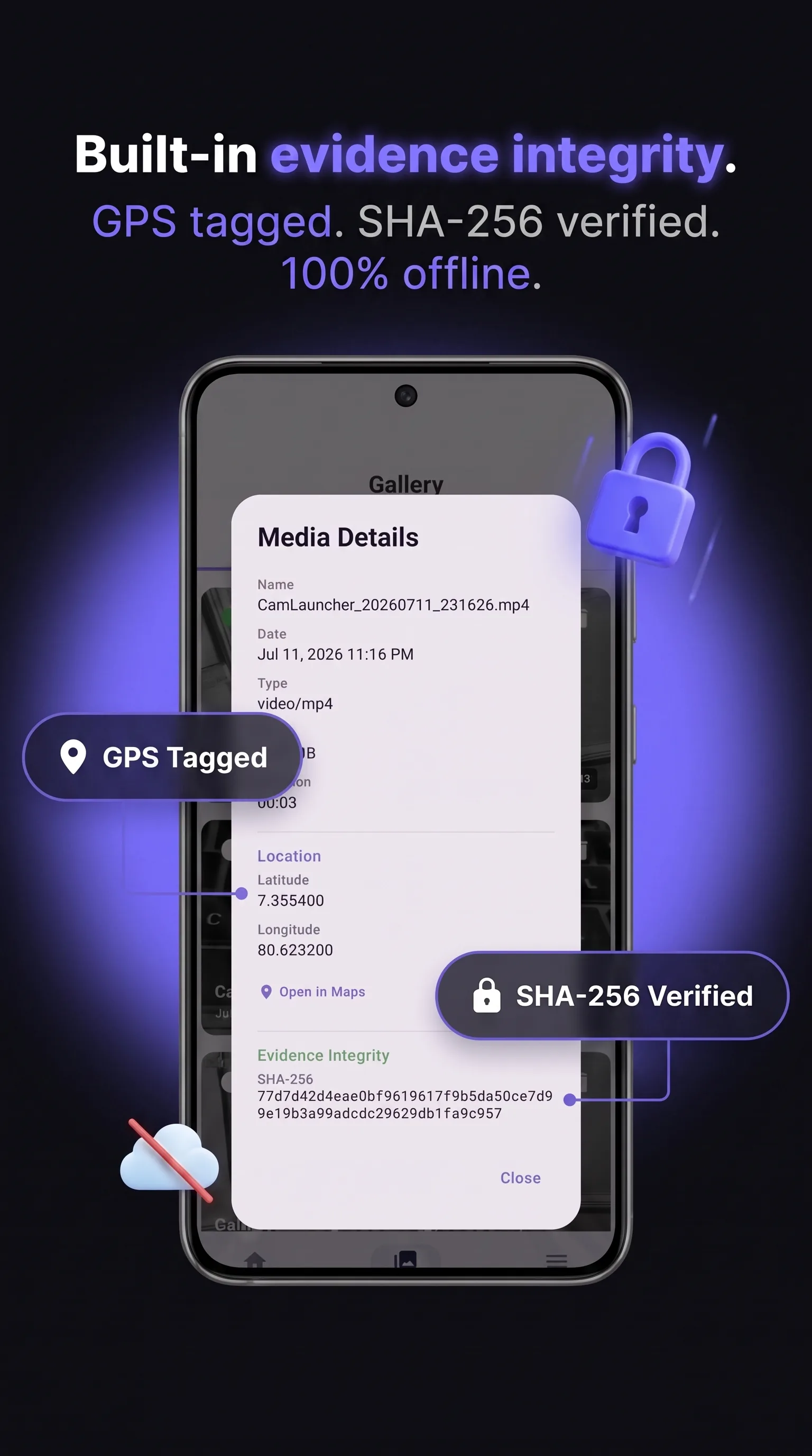 Cam Launcher - Built-in secure evidence log